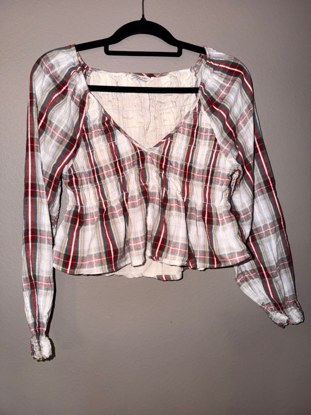 American Eagle Outfitters Plaid Peasant Top - Red, Cream & Green